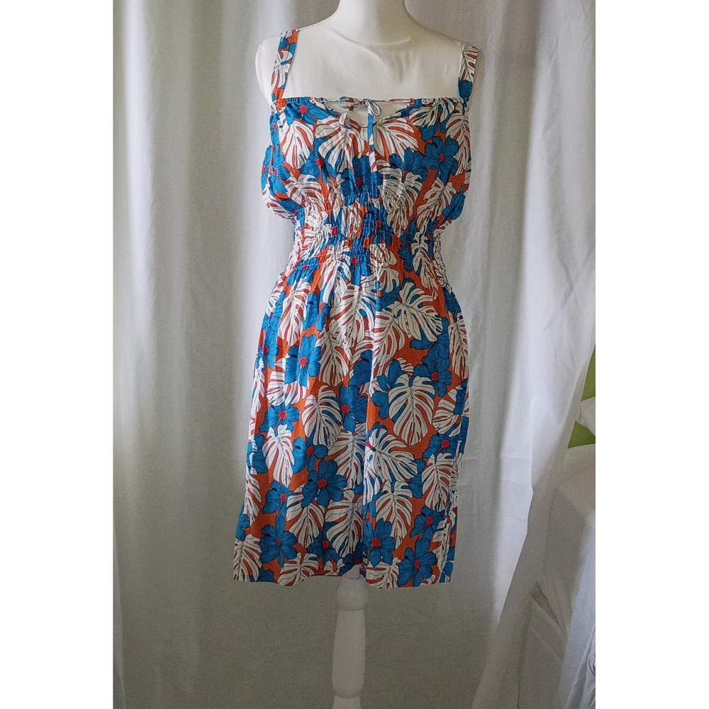 Sunwatcher Tropical Floral Palm Leaf Smocked Waist Midi Sun Dress Blue Orange